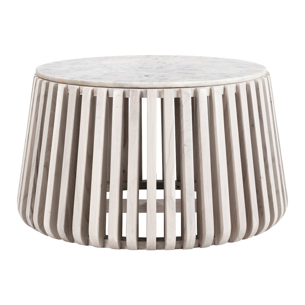 Coffee Table, White Marble, Round Top, Acacia Wood Base