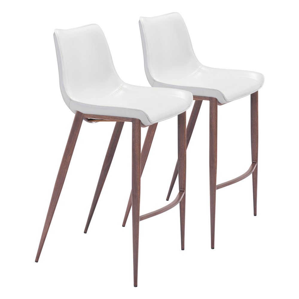 Bar Stools Set of 2, White Faux Leather, Faux Wood Steel Legs