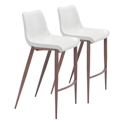 Bar Stools Set of 2, White Faux Leather, Faux Wood Steel Legs