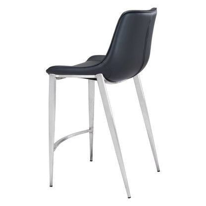 Counter Stools Set of 2, Black Faux Leather, Silver Steel Legs