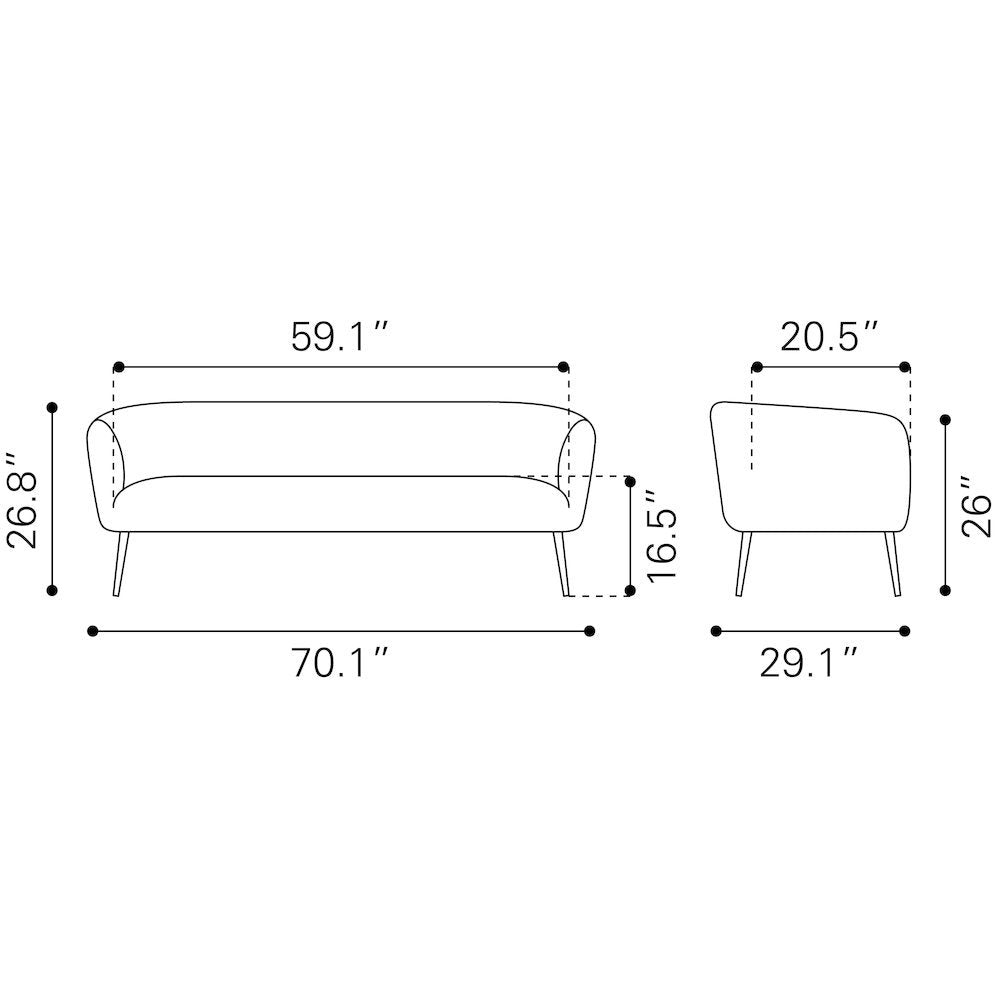 Sofa, Beige Velvet Fabric, 3-Seater, Steel Legs, Armrest Support