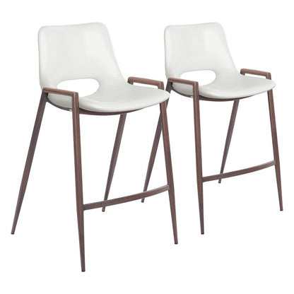Counter Stools Set of 2, White Faux Leather, Faux Wood Steel Legs