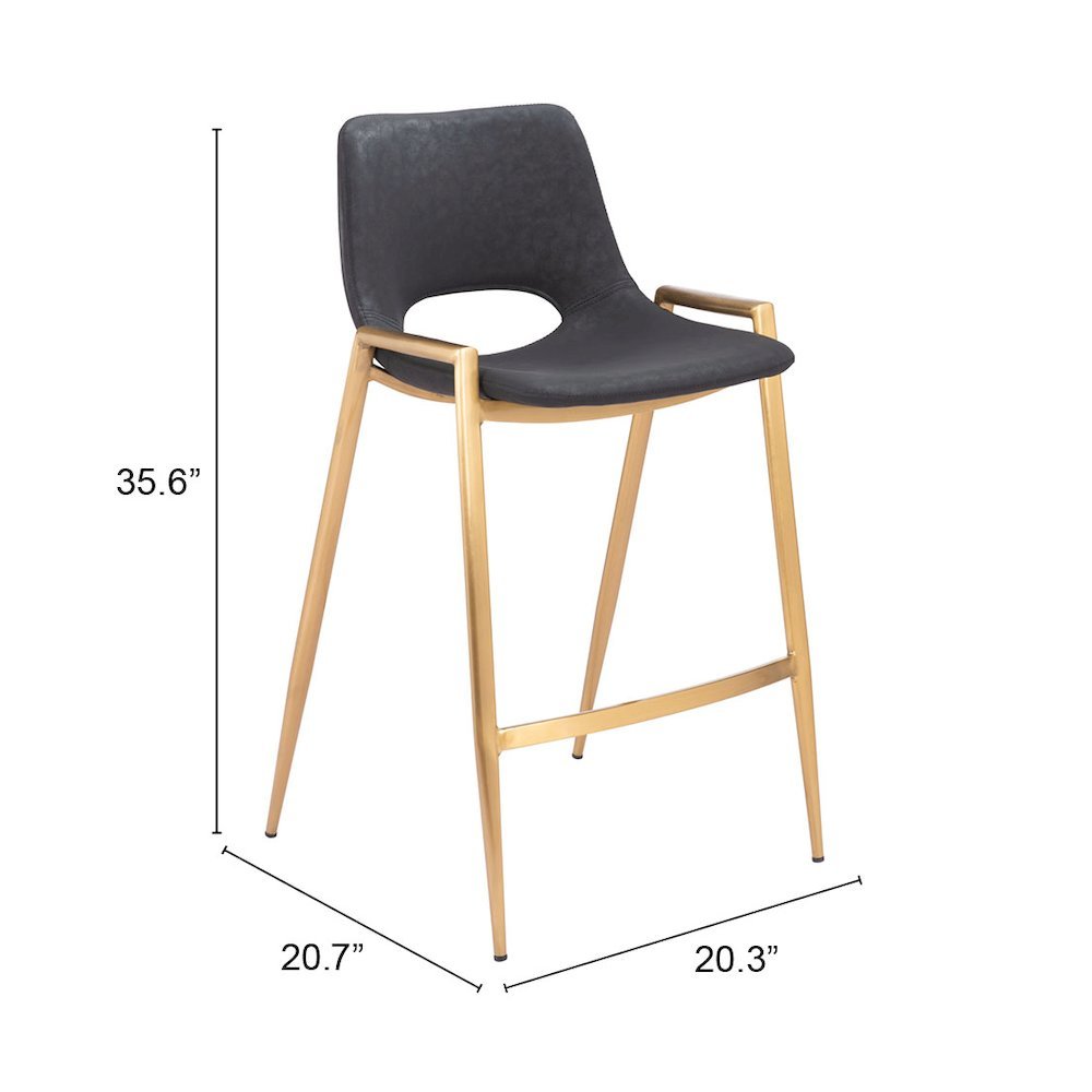 Counter Stools Set of 2, Black Faux Leather, Electroplated Gold Legs