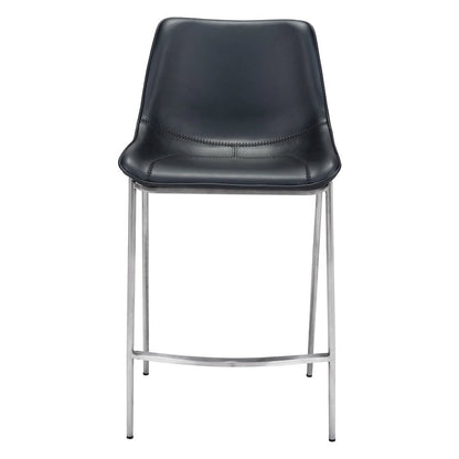 Counter Stools Set of 2, Black Faux Leather, Silver Steel Legs
