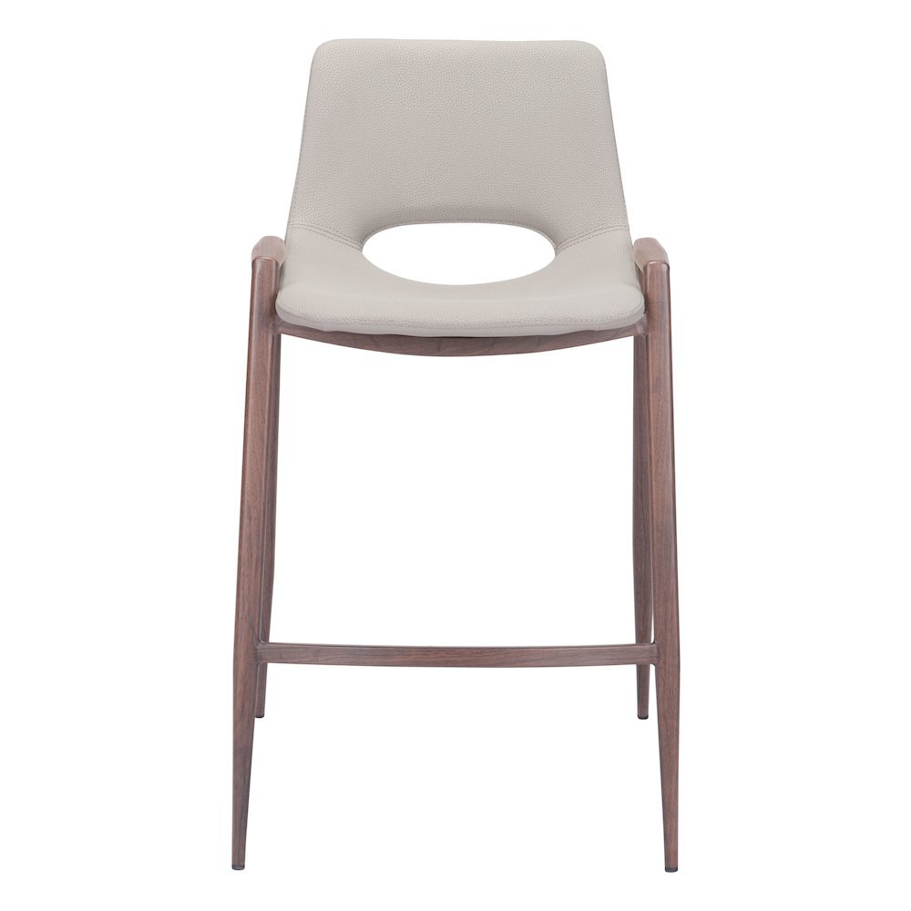 Counter Stools Set of 2, Beige Faux Leather, Faux Wood Steel Legs
