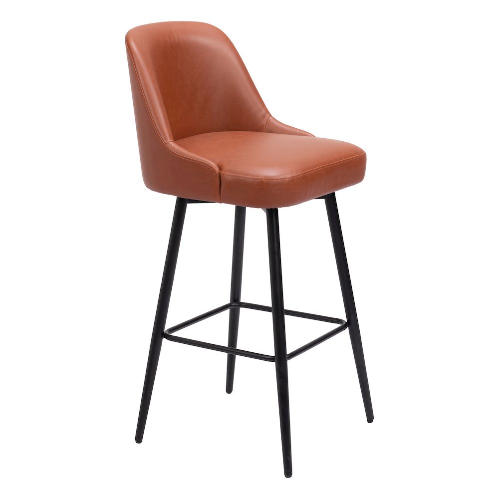 Bar Stool, Brown Faux Leather, Swivel, Self-Centering, Steel Leg