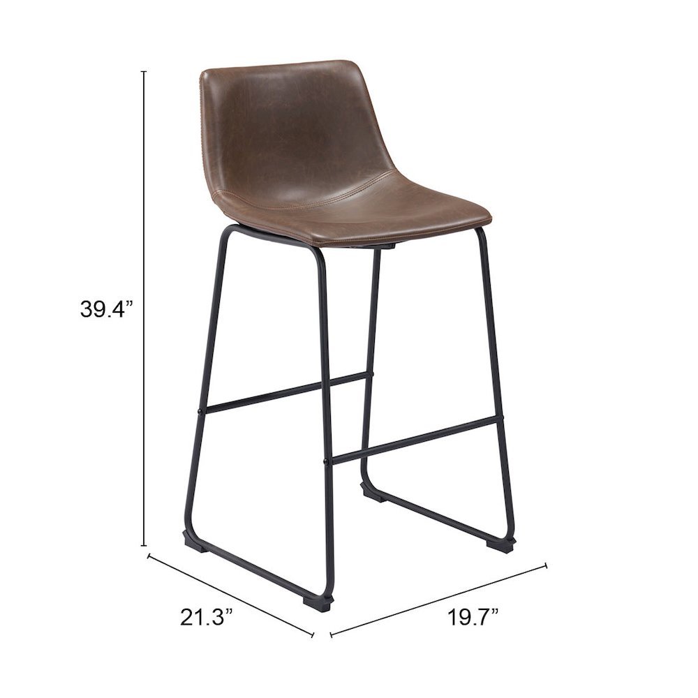Bar Stools Set of 2, Vintage Espresso Faux Leather, Steel Legs