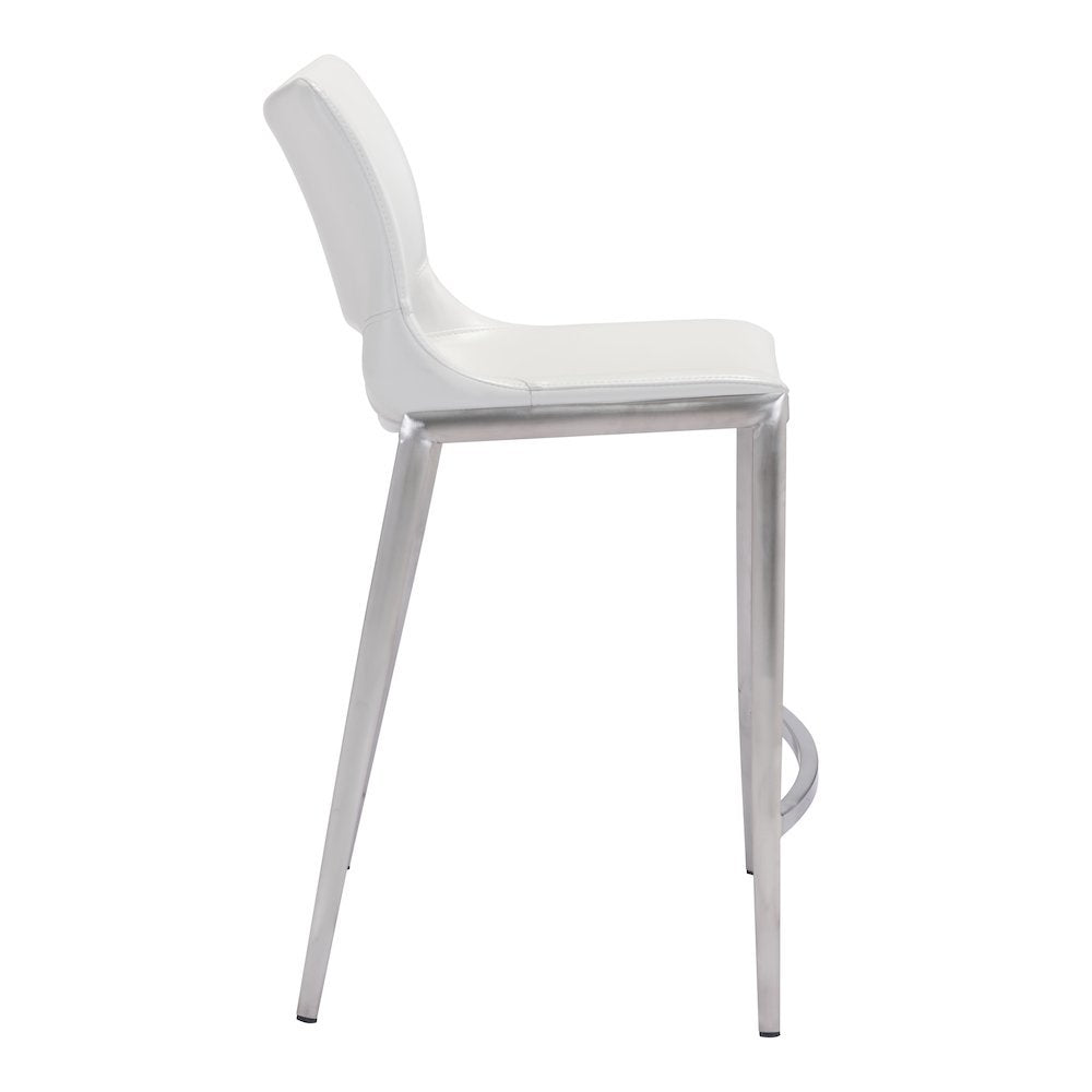 Counter Stools Set of 2, White Faux Leather, Silver Steel Legs