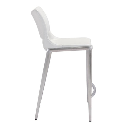 Counter Stools Set of 2, White Faux Leather, Silver Steel Legs