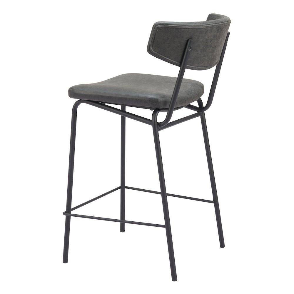 Counter Stools Set of 2, Vintage Black Faux Leather, Steel Legs