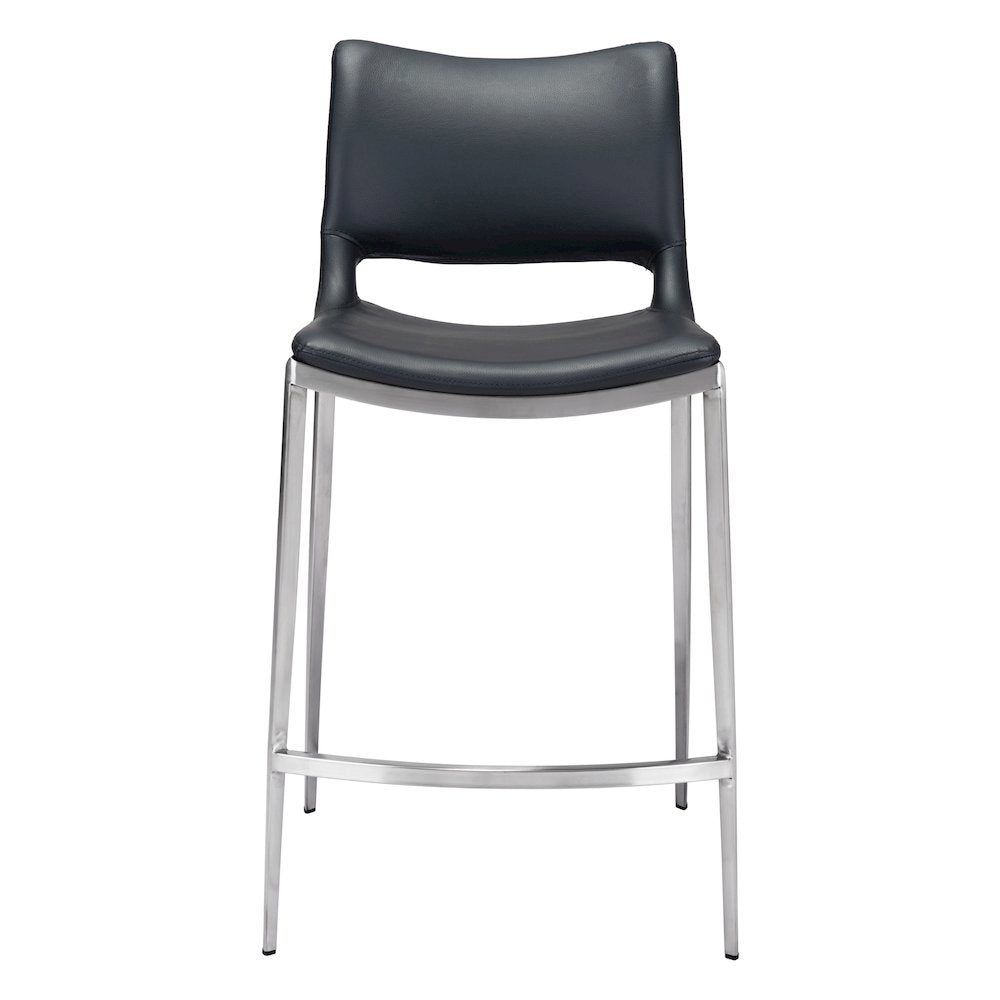 Counter Stools Set of 2, Black Faux Leather, Silver Steel Legs