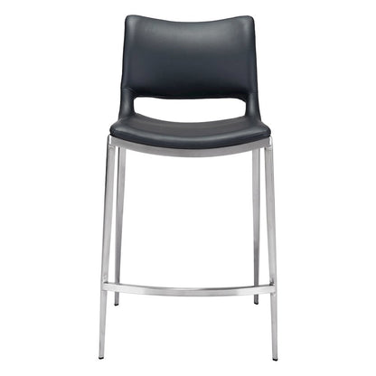 Counter Stools Set of 2, Black Faux Leather, Silver Steel Legs