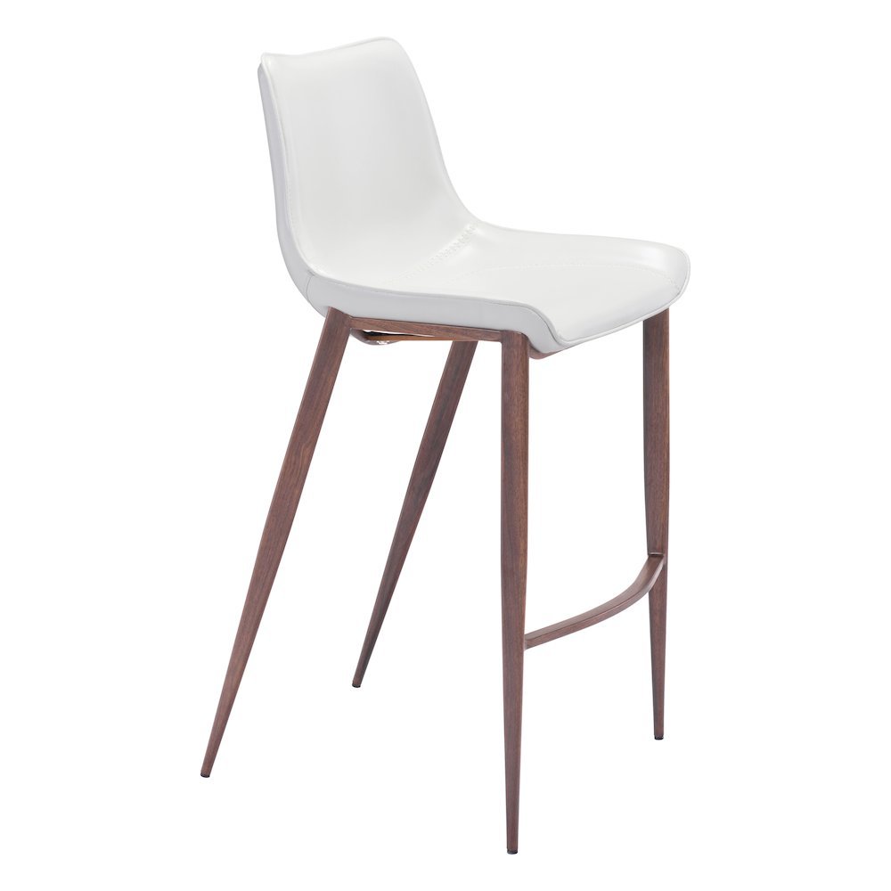 Bar Stools Set of 2, White Faux Leather, Faux Wood Steel Legs