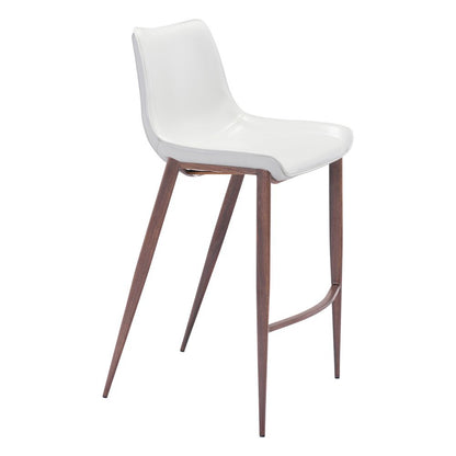 Bar Stools Set of 2, White Faux Leather, Faux Wood Steel Legs