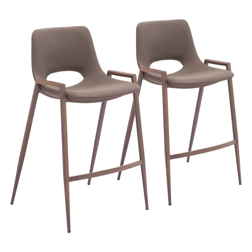 Counter Stools Set of 2, Brown Faux Leather, Faux Wood Steel Legs