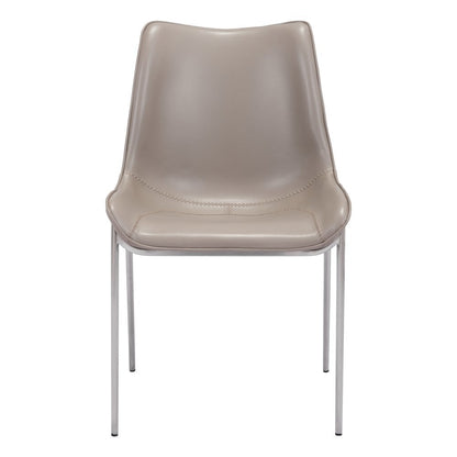 Dining Chairs Set of 2, Brown Faux Leather, Silver Steel Legs