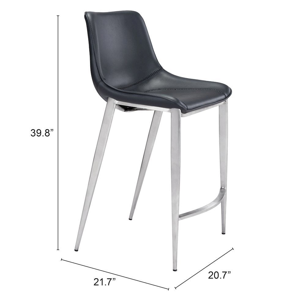 Counter Stools Set of 2, Black Faux Leather, Silver Steel Legs