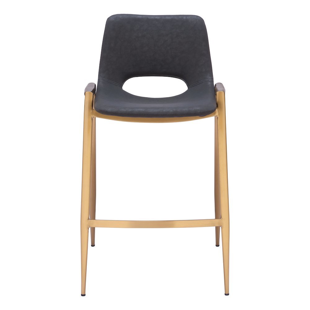 Counter Stools Set of 2, Black Faux Leather, Electroplated Gold Legs