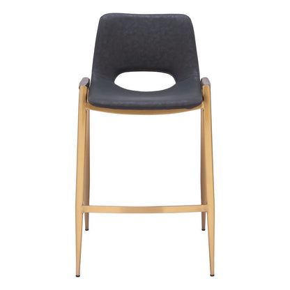 Counter Stools Set of 2, Black Faux Leather, Electroplated Gold Legs
