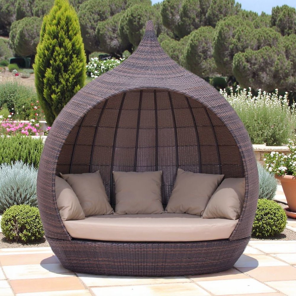 Brown Outdoor Daybed With Canopy, Patio Bed Lounger for Poolside Use