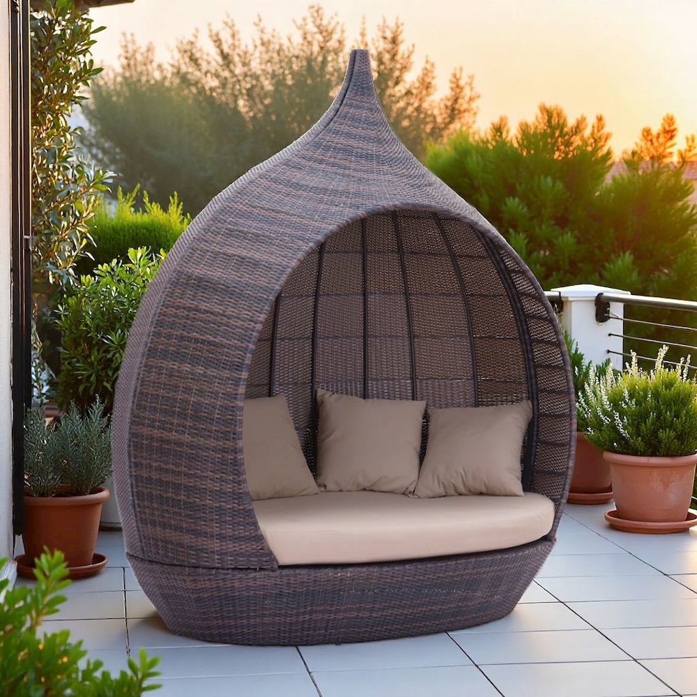 Brown Outdoor Daybed With Canopy, Patio Bed Lounger for Poolside Use
