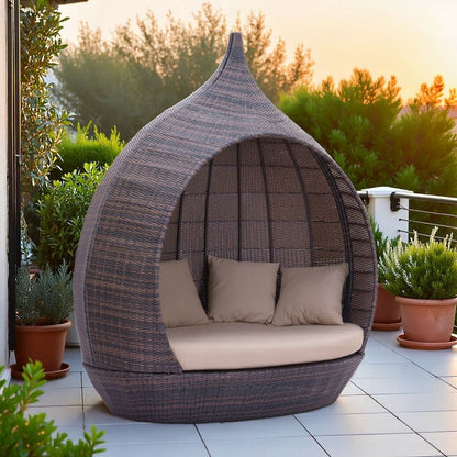Brown Outdoor Daybed With Canopy, Patio Bed Lounger for Poolside Use