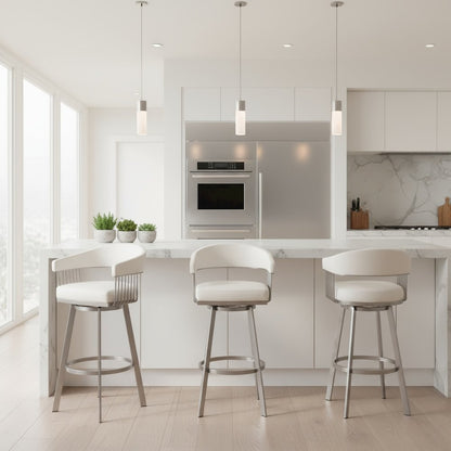 Bar Stool, White Faux Leather, Swivel, Self-Centering, Steel Legs