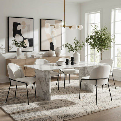 Dining Chairs Set of 2, Ivory Shearling Style Fabric, Steel Legs
