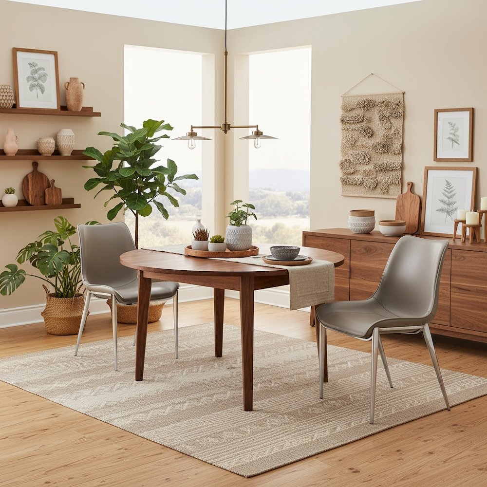 Dining Chairs Set of 2, Brown Faux Leather, Silver Steel Legs