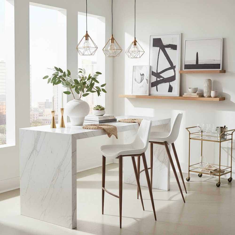 Bar Stools Set of 2, White Faux Leather, Faux Wood Steel Legs