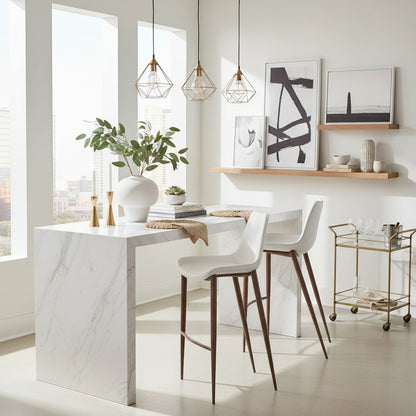Bar Stools Set of 2, White Faux Leather, Faux Wood Steel Legs