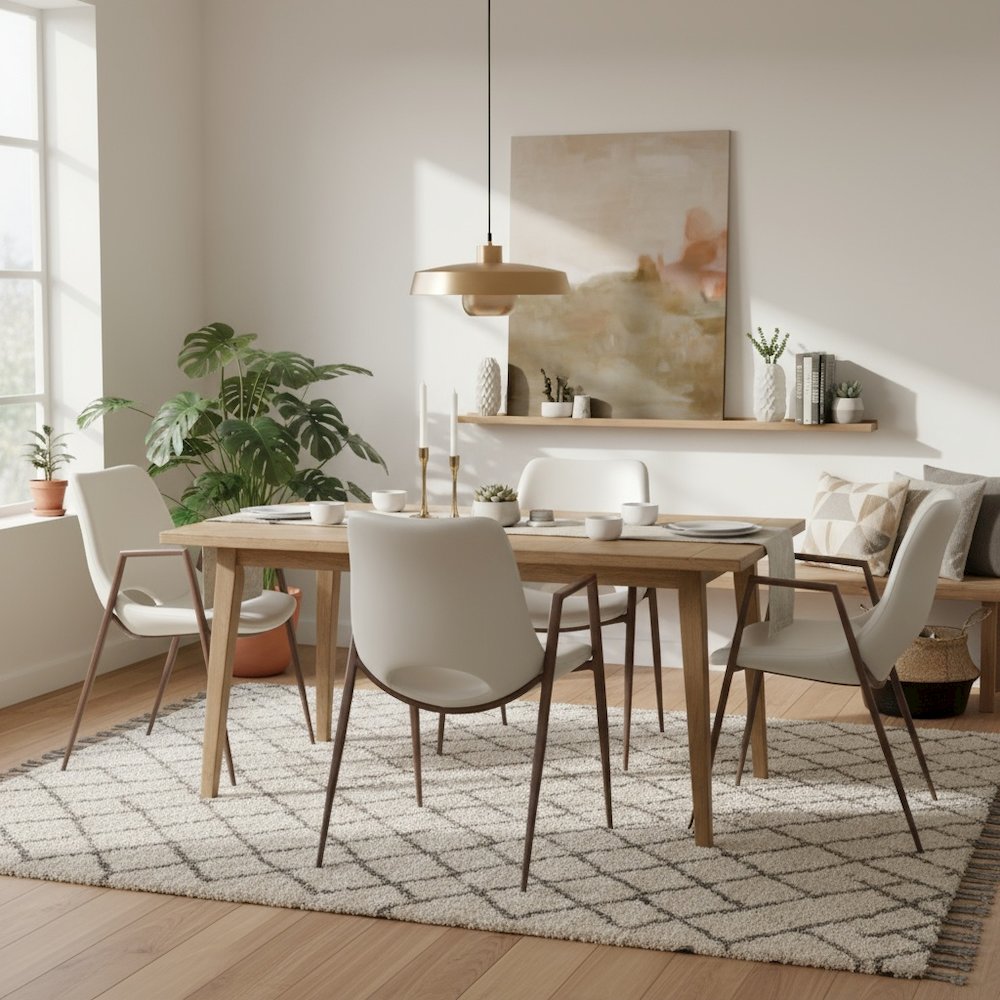 Dining Chairs Set of 2, White Faux Leather, Faux Wood Steel Legs