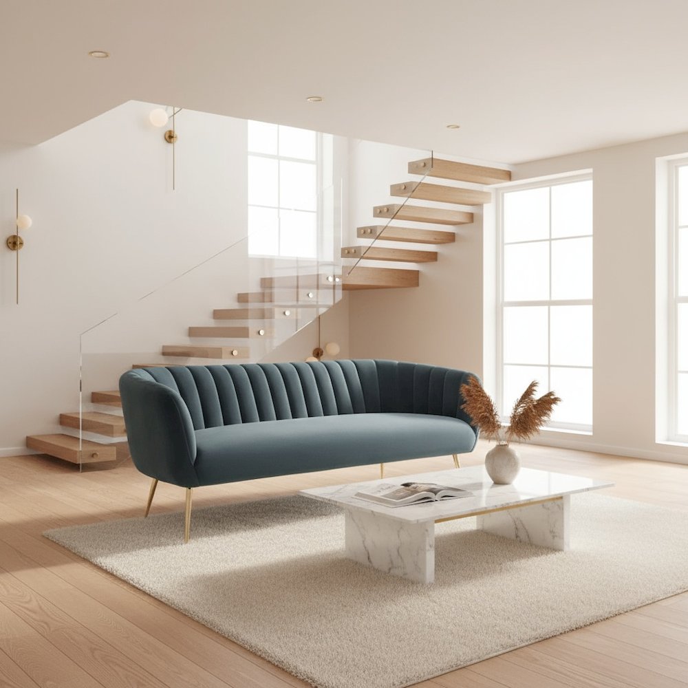 Sofa, Gray Velvet Fabric, 3-Seater, Steel Legs, Armrest Support