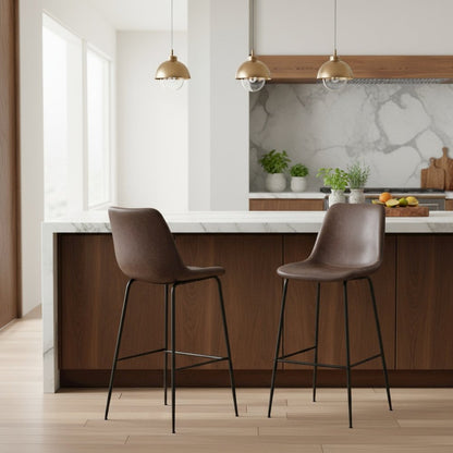 Bar Stool, Brown Faux Leather, Steel Legs, Ergonomic Footrest