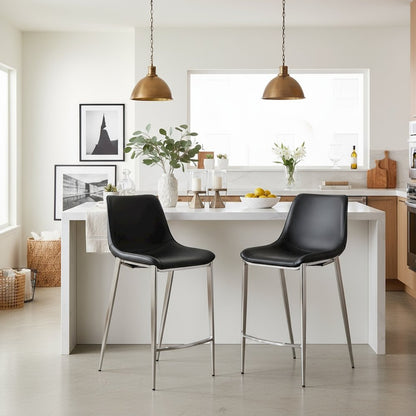 Counter Stools Set of 2, Black Faux Leather, Silver Steel Legs