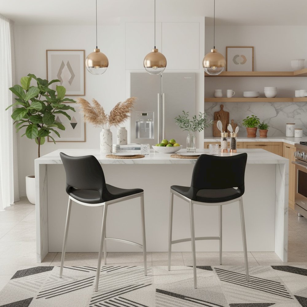 Counter Stools Set of 2, Black Faux Leather, Silver Steel Legs