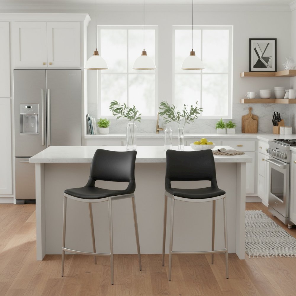 Counter Stools Set of 2, Black Faux Leather, Silver Steel Legs