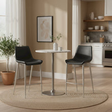 Bar Stools Set of 2, Black Faux Leather, Silver Brushed Steel
