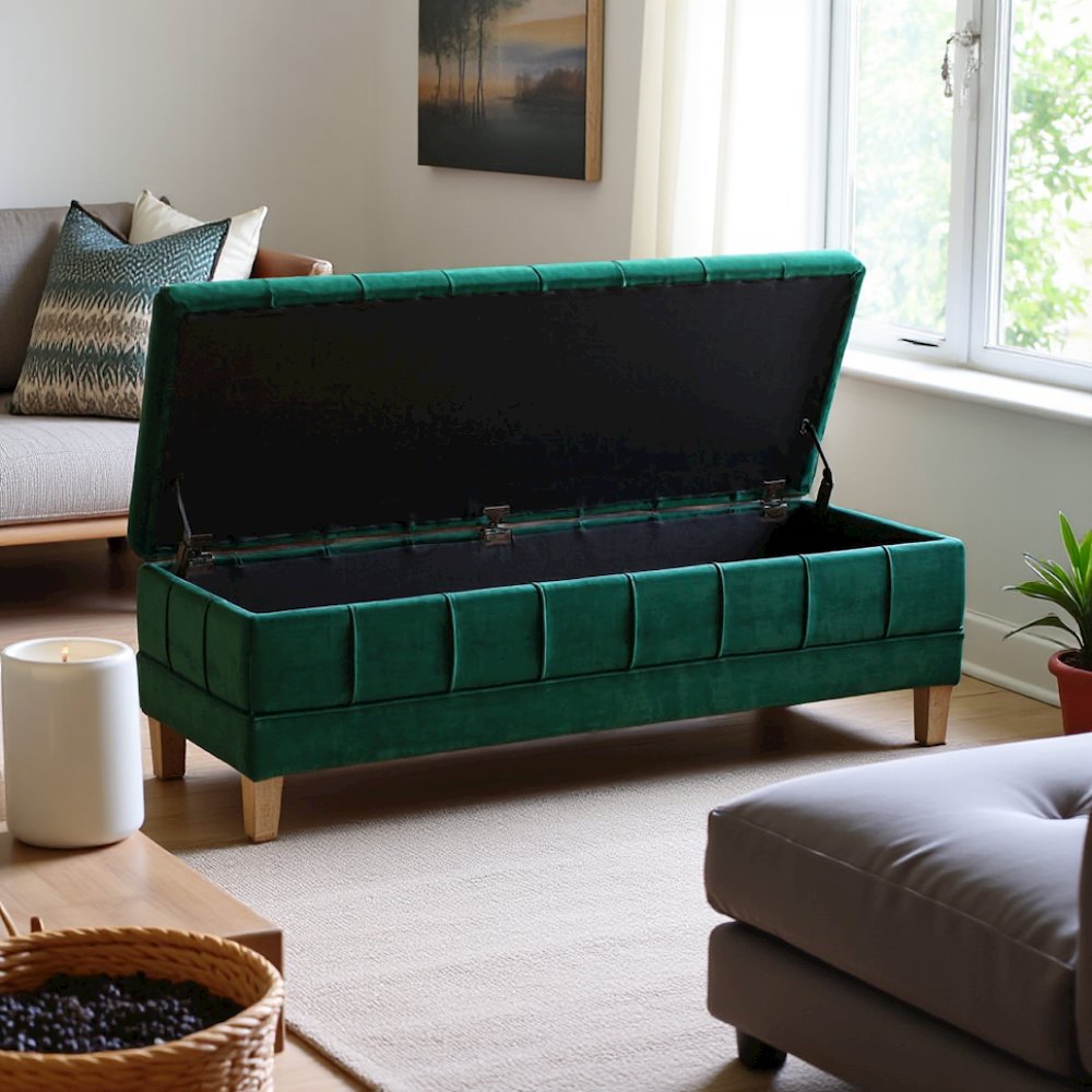 Green Tufted Storage Ottoman Bench with Rubberwood Frame for Entryway
