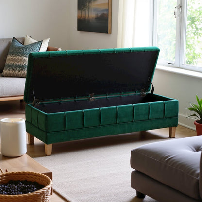 Green Tufted Storage Ottoman Bench with Rubberwood Frame for Entryway