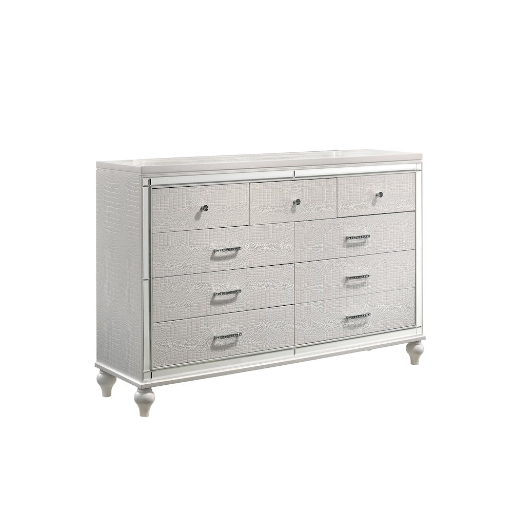 Furniture Valentine Solid Wood Dresser with 9 Drawers in White