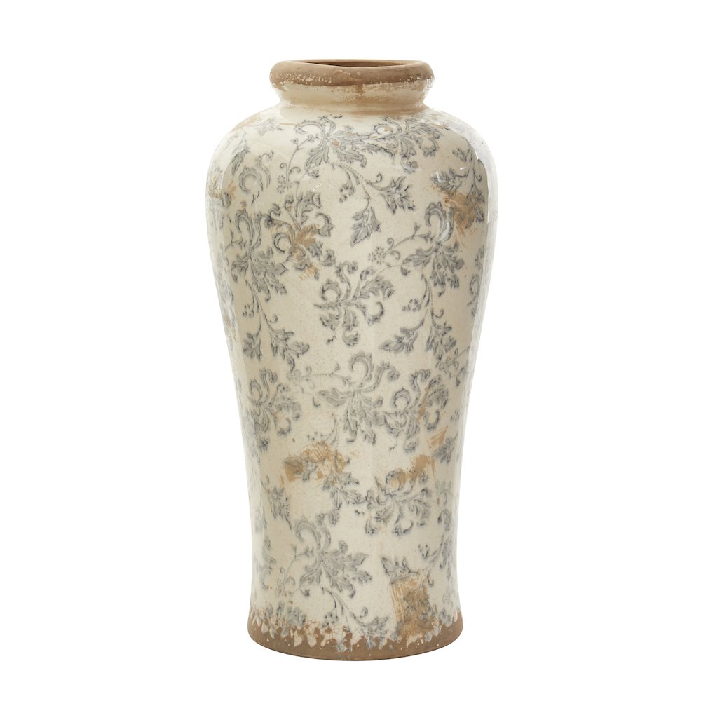 16in. Tuscan Ceramic Floral Scroll Urn Vase