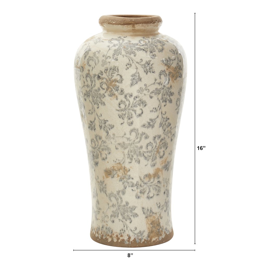 16in. Tuscan Ceramic Floral Scroll Urn Vase