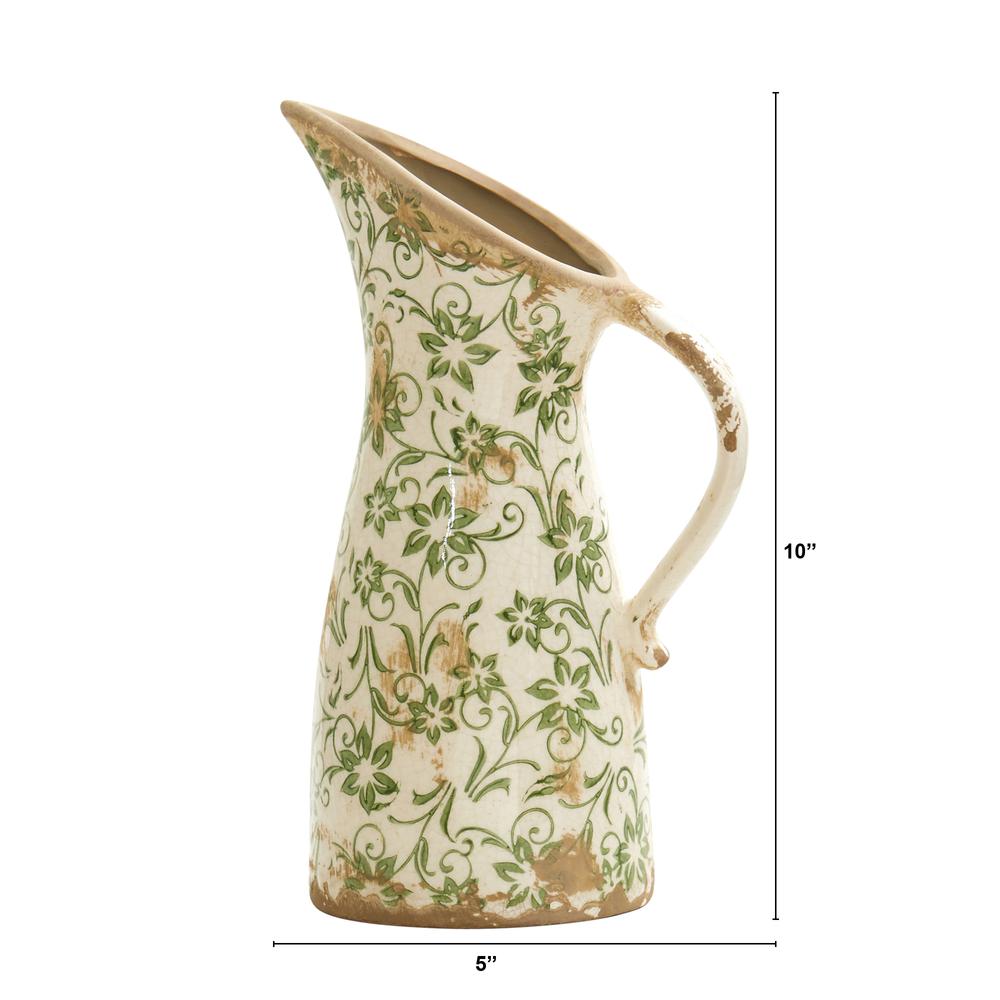 10in. Tuscan Ceramic Green Scroll Pitcher Vase