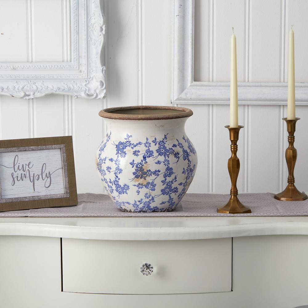 10.5in. Tuscan Ceramic Blue Scroll Urn Vase