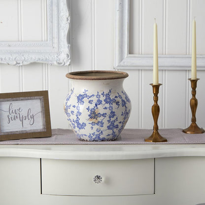 10.5in. Tuscan Ceramic Blue Scroll Urn Vase