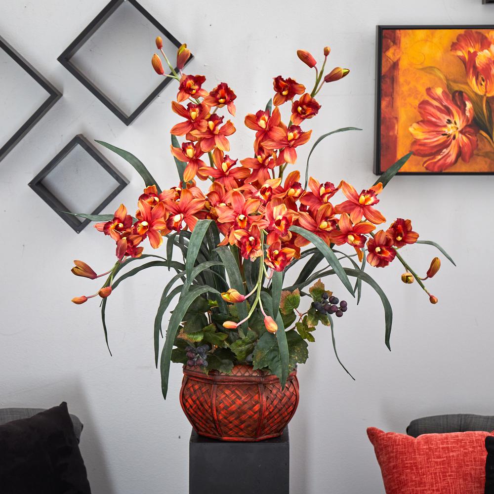 Cymbidium with Decorative Vase Silk Arrangement, Burgundy