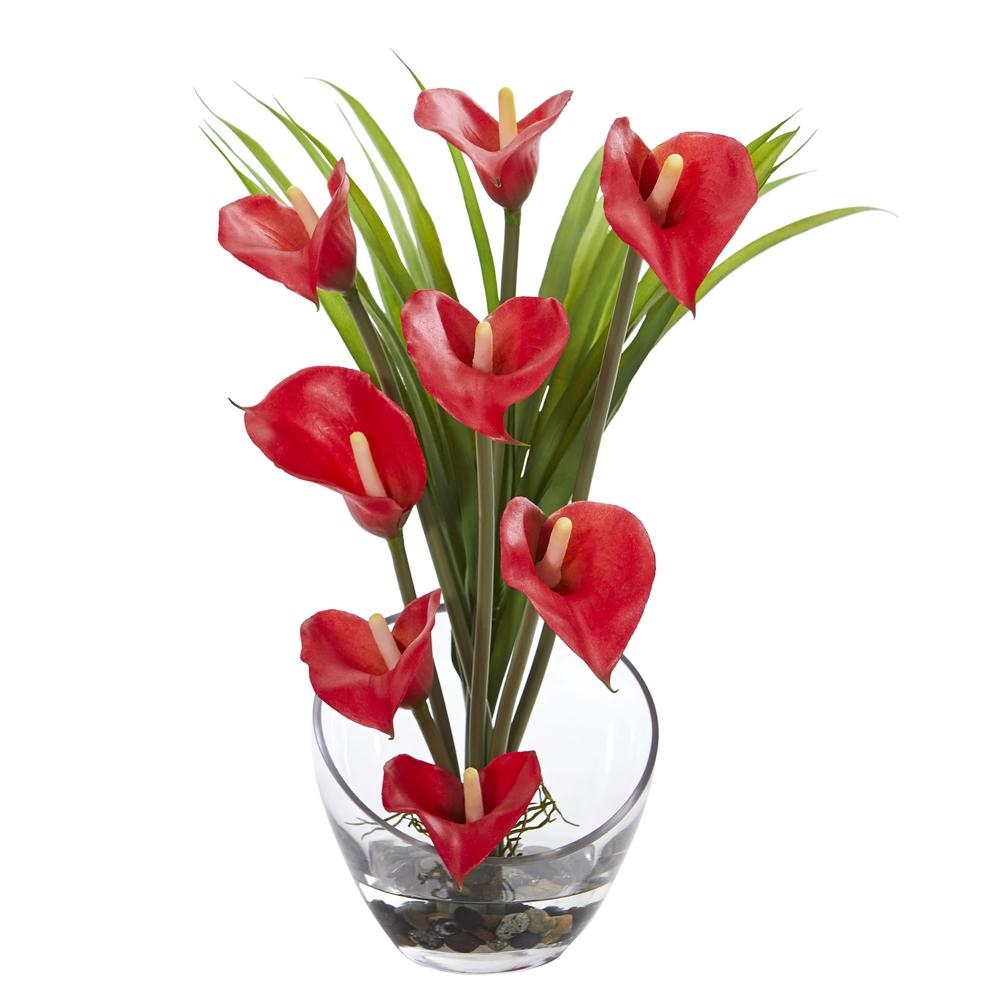 15.5in. Calla Lily and Grass Artificial Arrangement in Vase, Red