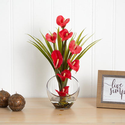 15.5in. Calla Lily and Grass Artificial Arrangement in Vase, Red