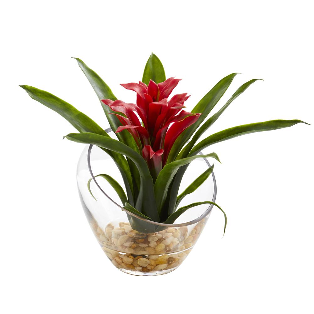 8in. Tropical Bromeliad in Angled Vase Artificial Arrangement, Red